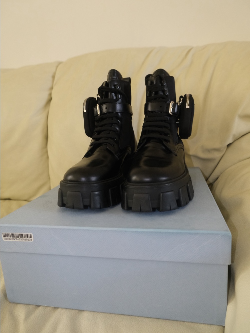 Prada Black Leather Combat Boots with Detachable Pouch - Picture 6 of 6